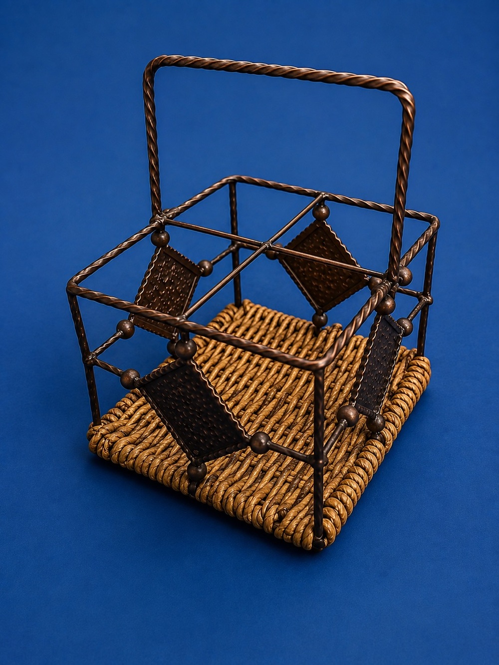 Rustic Metal & Woven Condiment Caddy Napkin Holder – Farmhouse Table Organizer